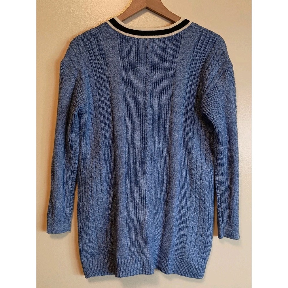 Talbots Petite MP Blue Cable Knit Cardigan Sweater Longline Contrast Trim Preppy - Picture 2 of 10